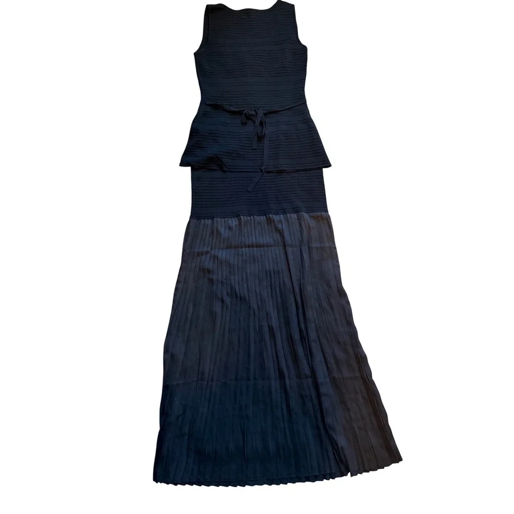 Blithe LA Black Knit Vest and Pleated Maxi Skirt 2 Piece Set Gold Buttons Large